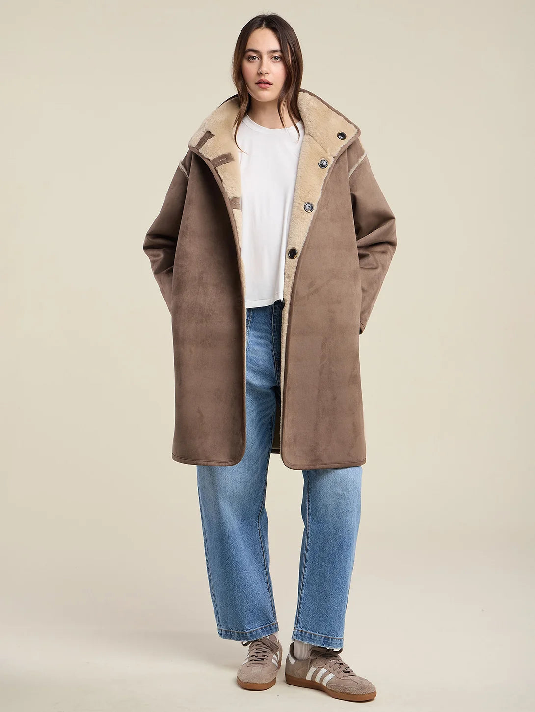 Velvet Yves Lux Suede Fur Coat in Faded Coco