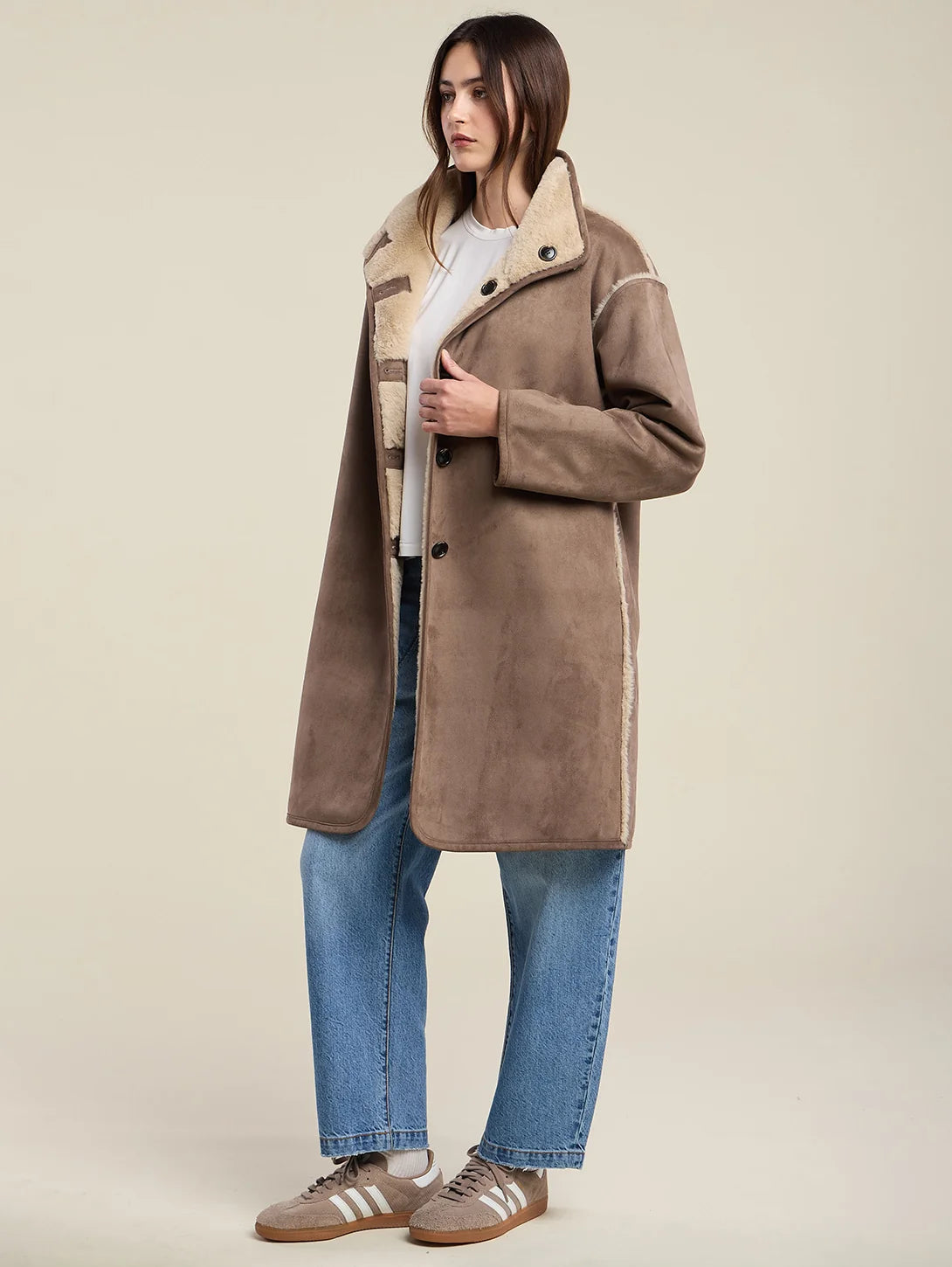 Velvet Yves Lux Suede Fur Coat in Faded Coco