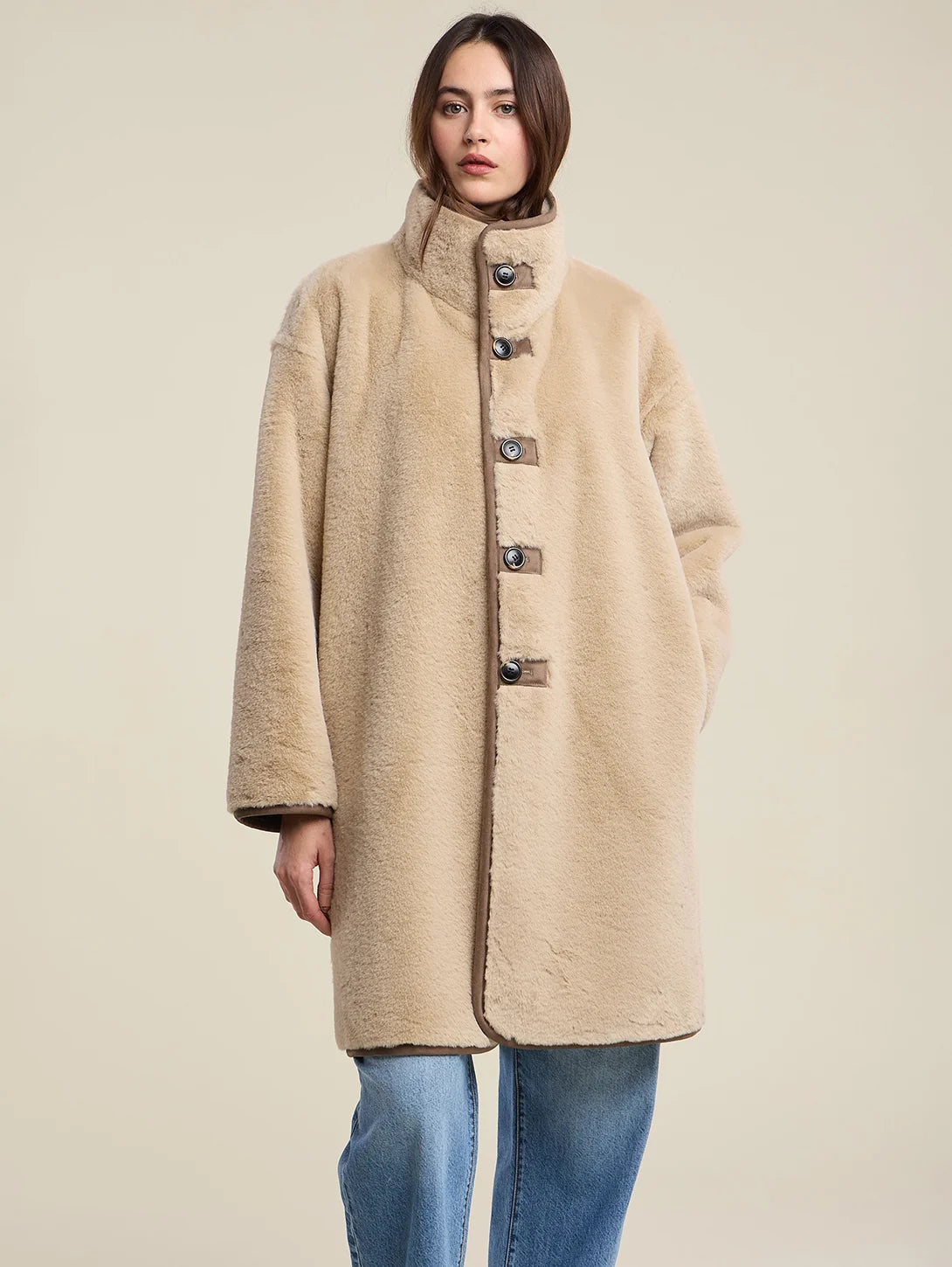 Velvet Yves Lux Suede Fur Coat in Faded Coco