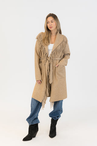 Lyla & Luxe Ziggy Fringe Tie Waist Coat in Beige