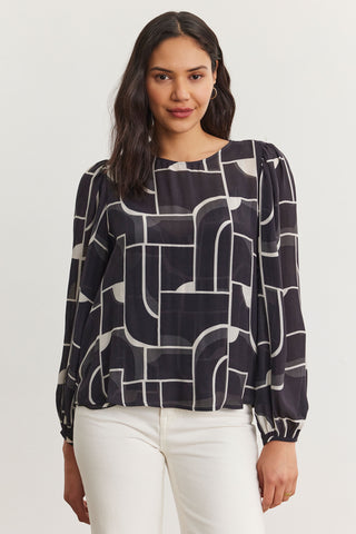 Velvet Desta06 Long Sleeve Bauhaus Print Top in Multi