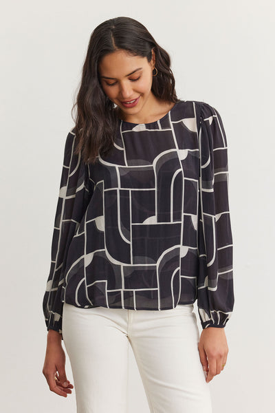 Velvet Desta06 Long Sleeve Bauhaus Print Top in Multi