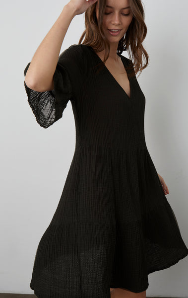 Velvet Brianne cotton gauze flutter sleeve dress in black
