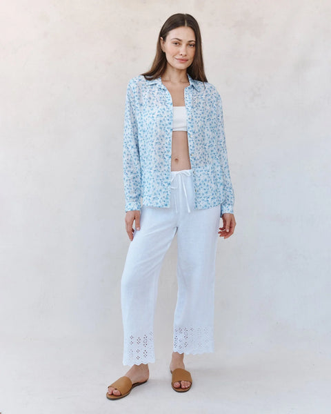 Bella Dahl Classic Button Down Shirt in Blue Ditsy Floral Print