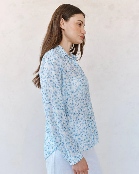Bella Dahl Classic Button Down Shirt in Blue Ditsy Floral Print