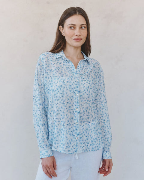 Bella Dahl Classic Button Down Shirt in Blue Ditsy Floral Print