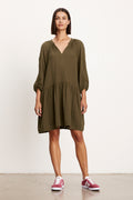 Velvet Nica Cotton Gauze V-Neck Dress in Caper