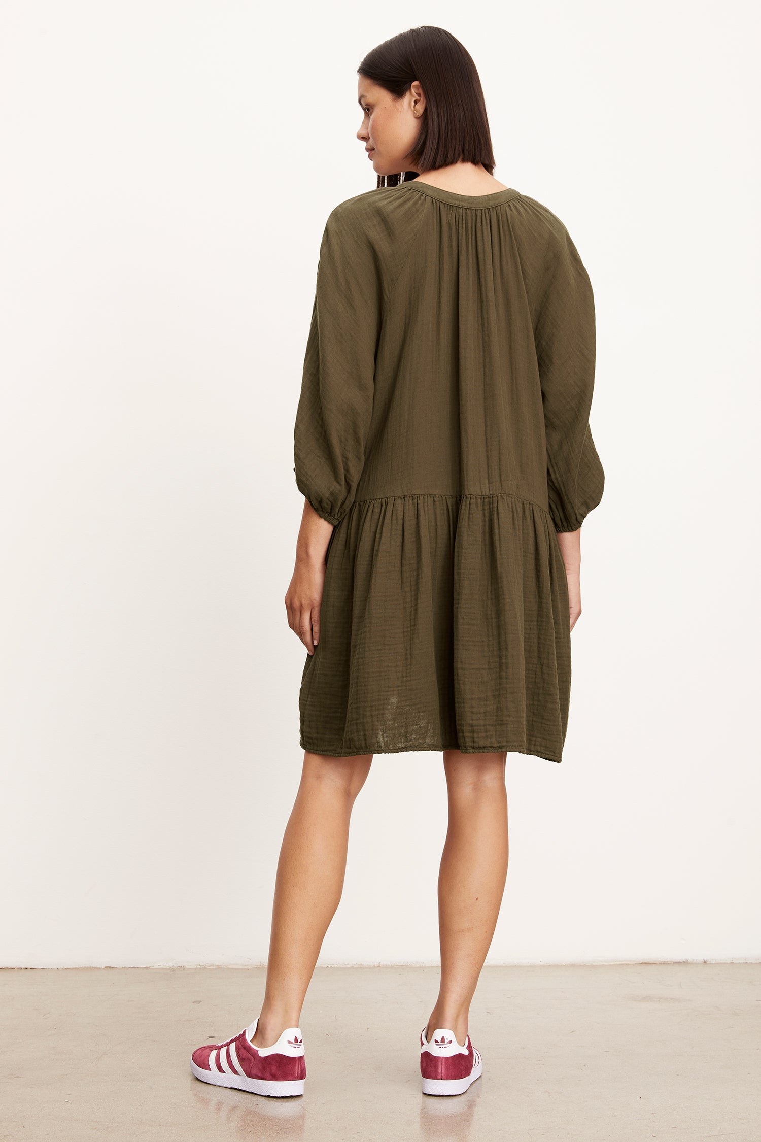 Velvet Nica Cotton Gauze V-Neck Dress in Caper
