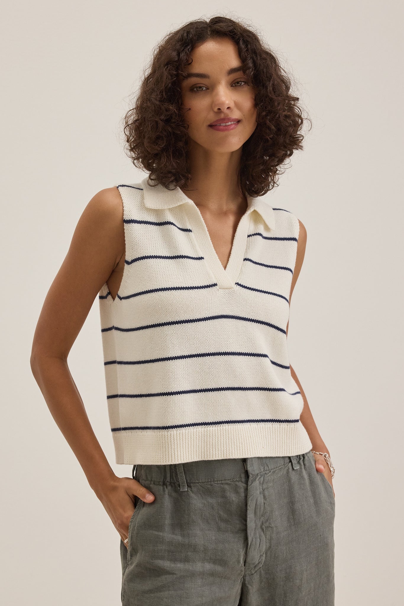 Velvet Nayla Cotton Cashmere Sless Stripe Top Milk/Blue