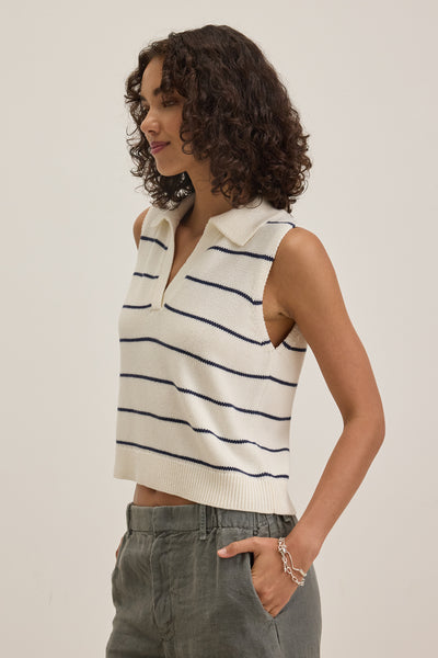 Velvet Nayla Cotton Cashmere Sless Stripe Top Milk/Blue