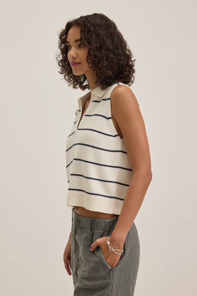 Velvet Nayla Cotton Cashmere Sless Stripe Top Milk/Blue