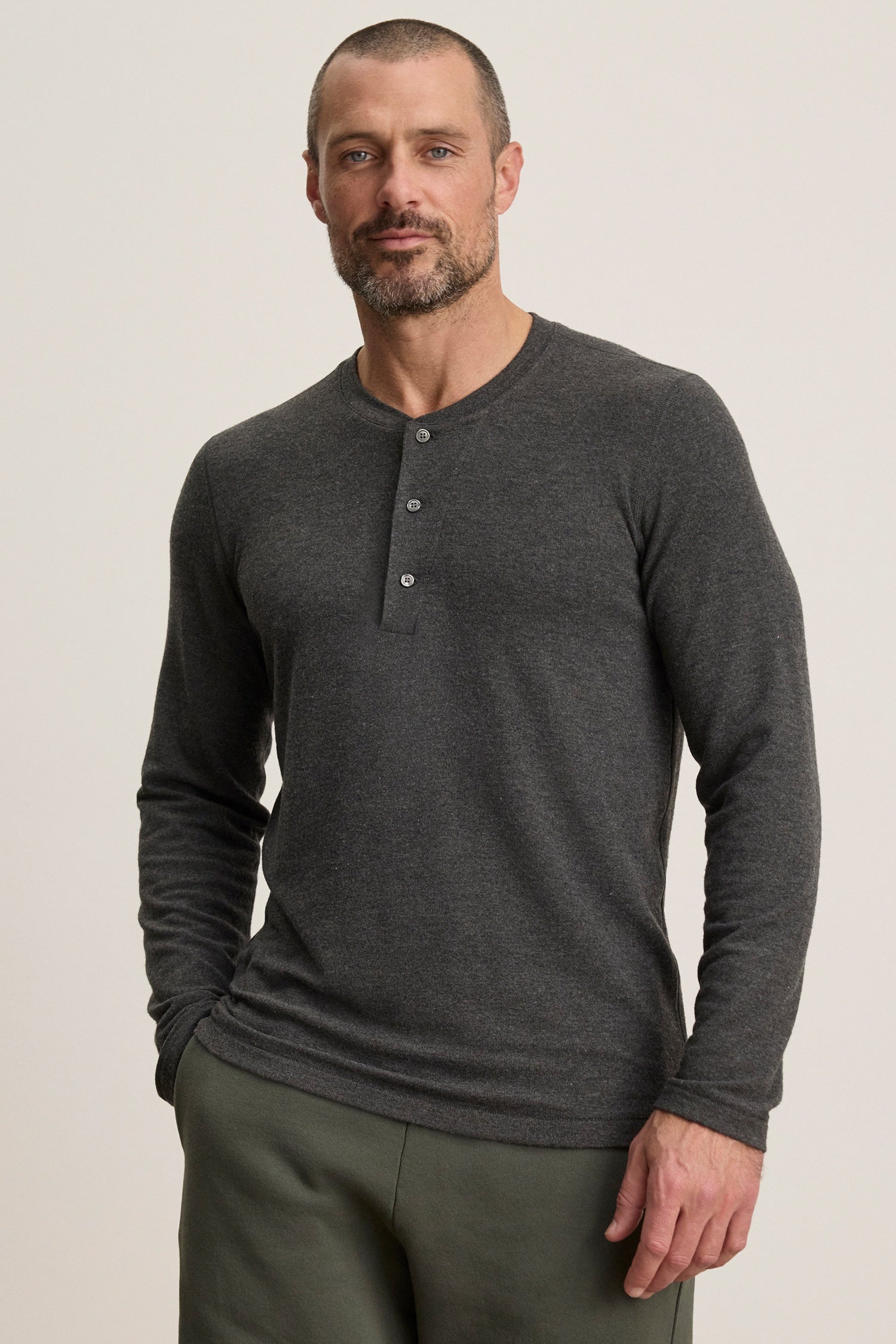 Velvet Men’s Ryland02 Cozy Jersey Henley Top - Anthracite