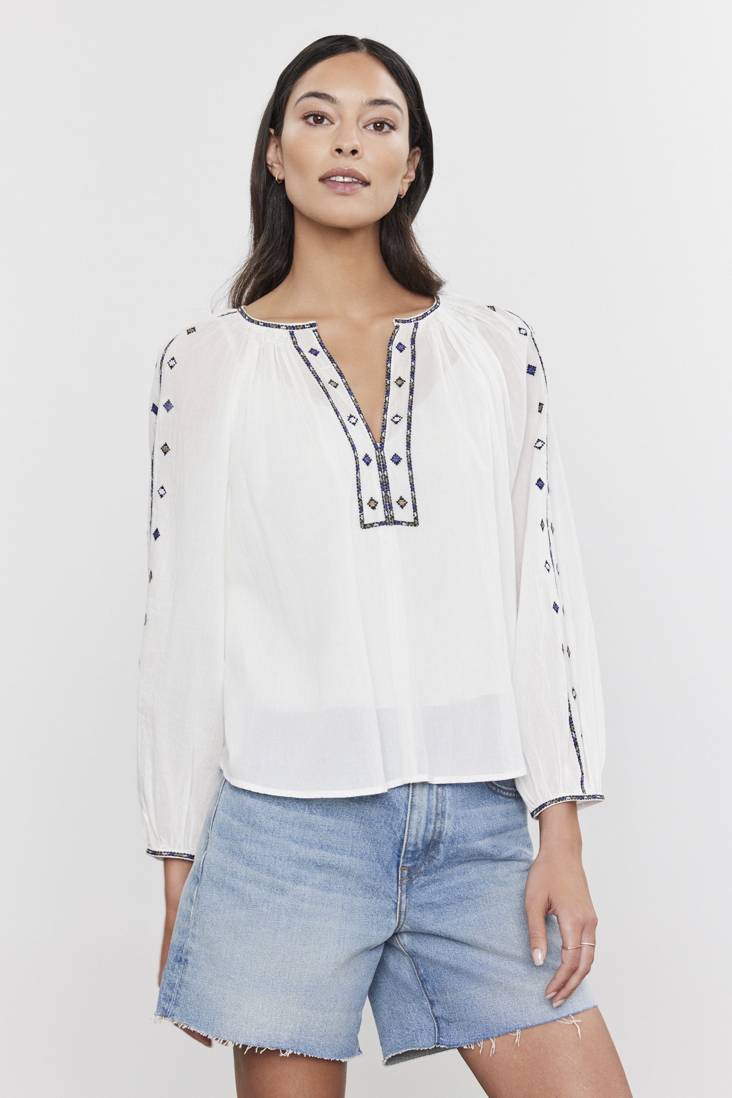 Velvet Tina Crosshatch Embroidered Top in White