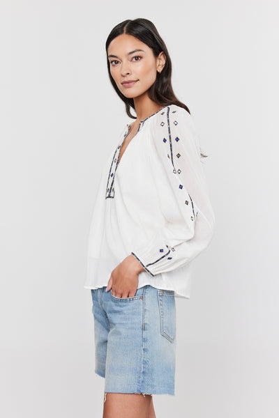 Velvet Tina Crosshatch Embroidered Top in White