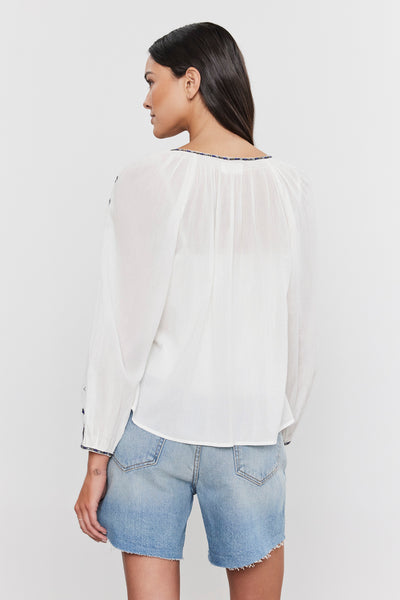 Velvet Tina Crosshatch Embroidered Top in White