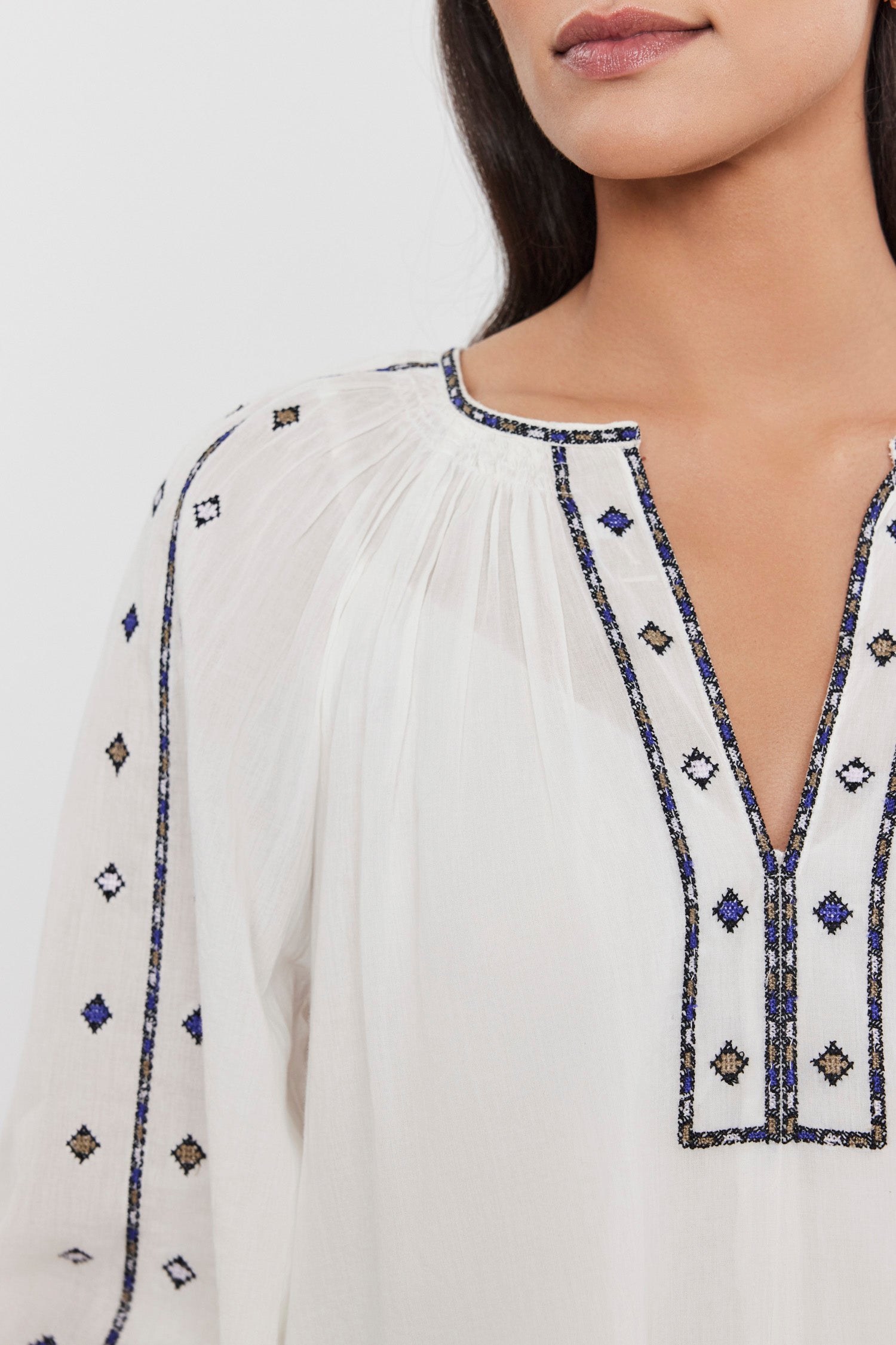 Velvet Tina Crosshatch Embroidered Top in White