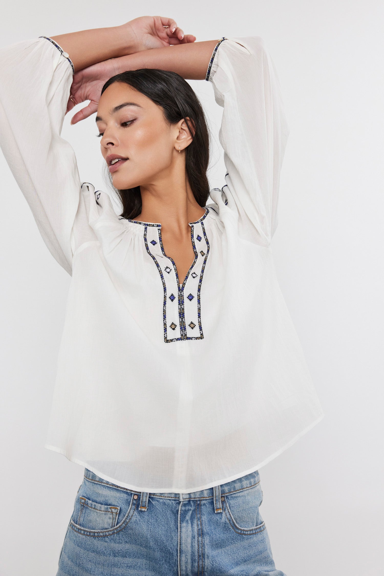 Velvet Tina Crosshatch Embroidered Top in White