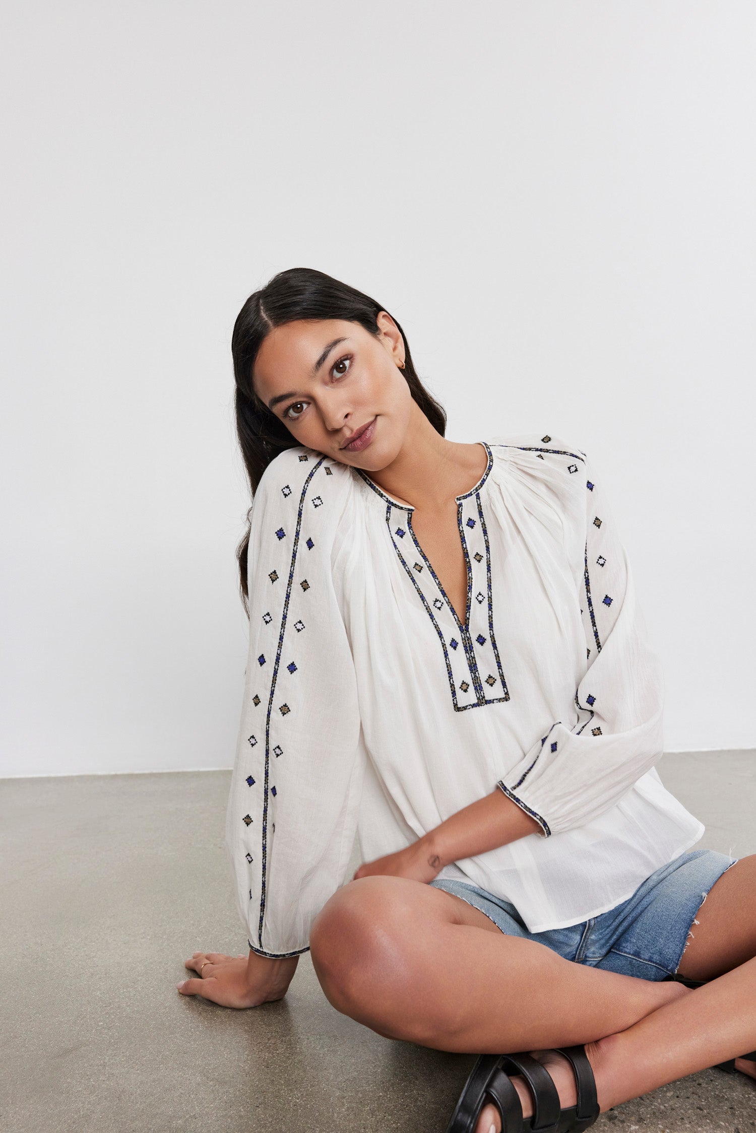 Velvet Tina Crosshatch Embroidered Top in White