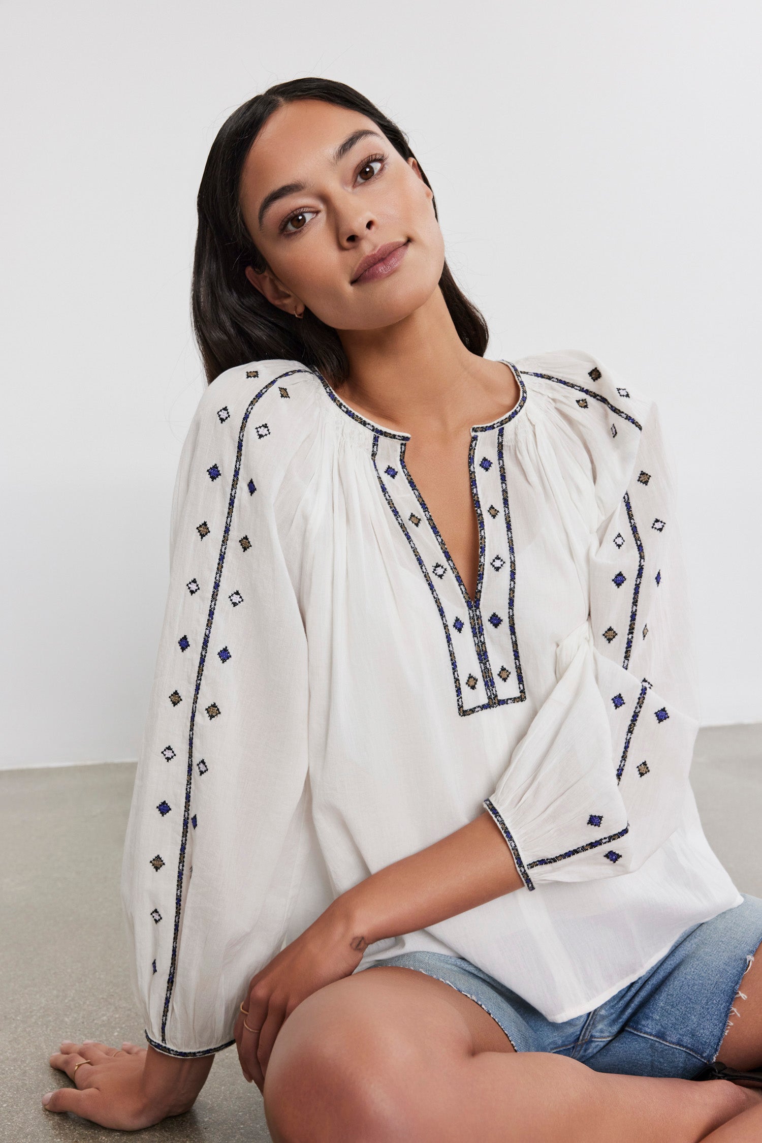 Velvet Tina Crosshatch Embroidered Top in White