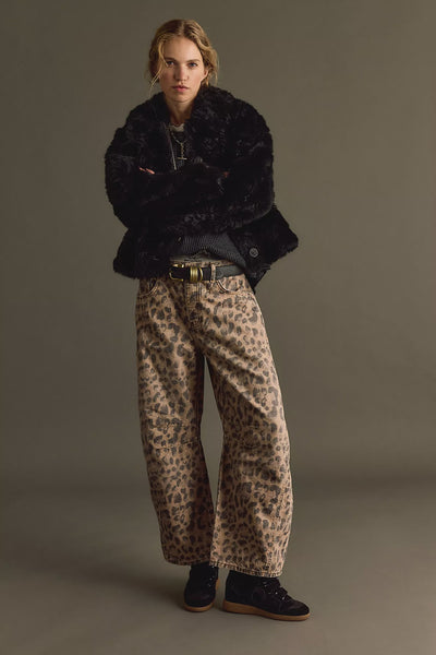 Free People Good Luck Printed Barrel Jean Brown Sugar