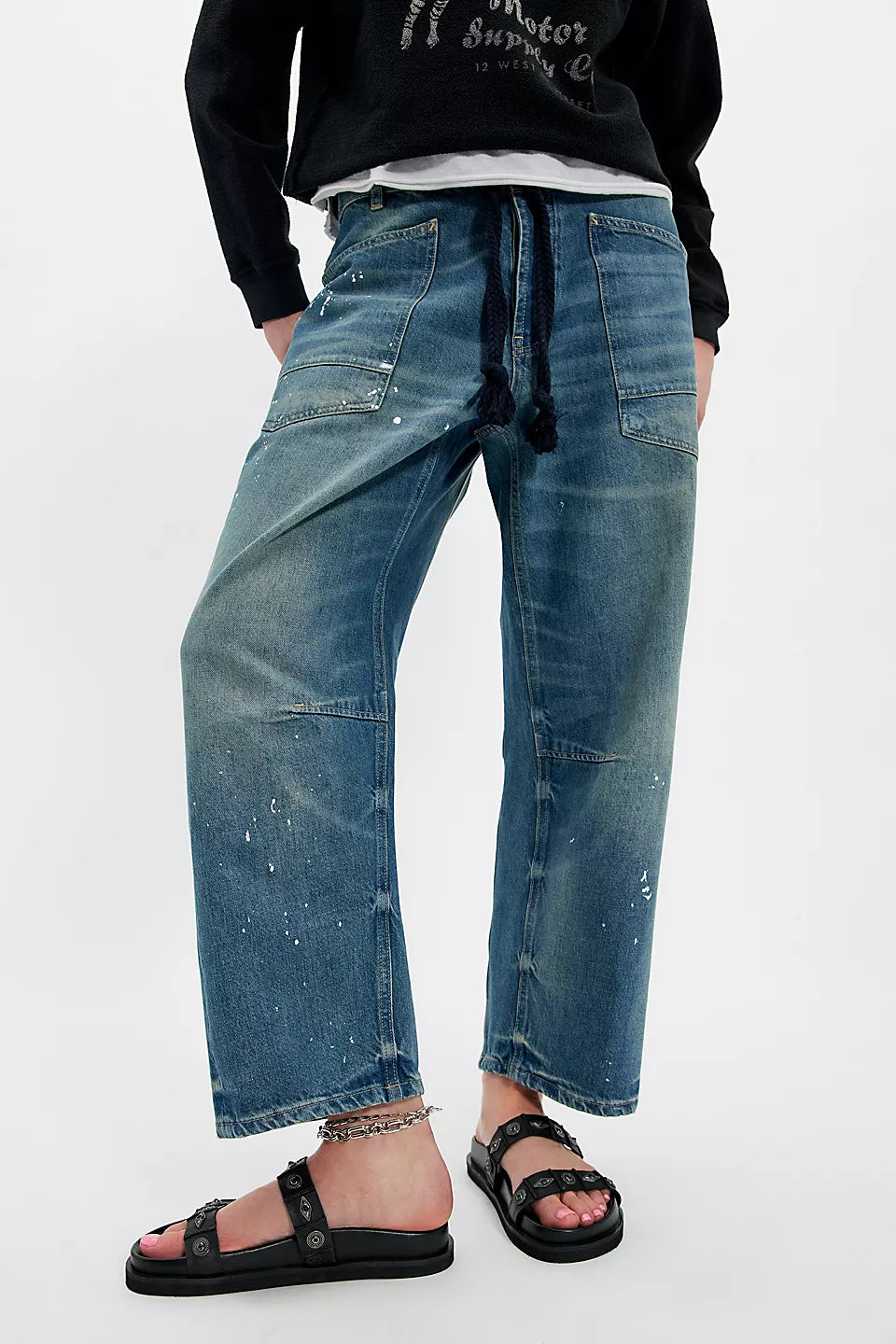 Free People Findings Footbed Sandal in Black Tide Leather