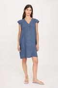 Pistache Cap Sleeve Linen Dress in Capri Blue