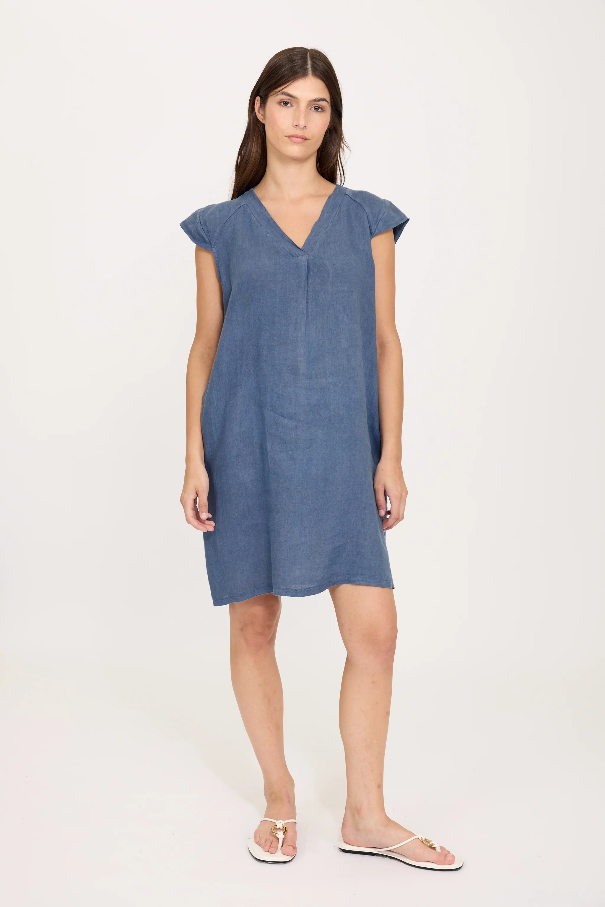 Pistache Cap Sleeve Linen Dress in Capri Blue