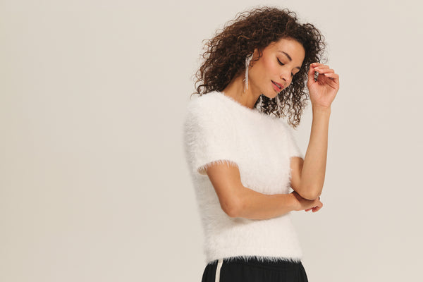 Velvet Kit Feather Yarn Short Sleeve Sweater in Milk
