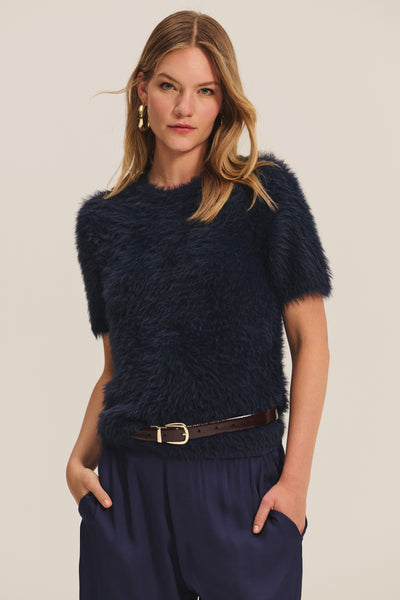 Velvet Kit Feather Yarn Short Sleeve Sweater in Navy