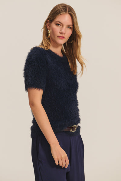 Velvet Kit Feather Yarn Short Sleeve Sweater in Navy