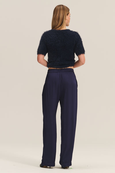 Velvet Kit Feather Yarn Short Sleeve Sweater in Navy