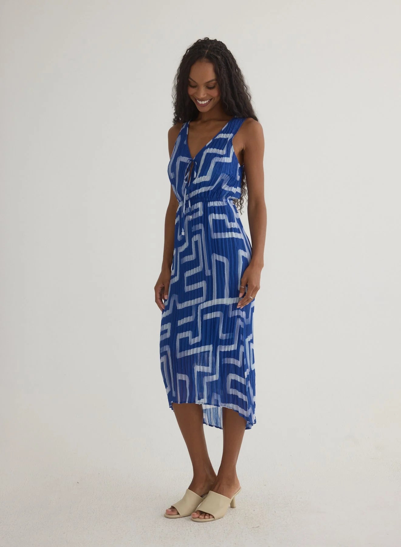 Bella Dahl High Low Pleated Dress in Coastal Line Print