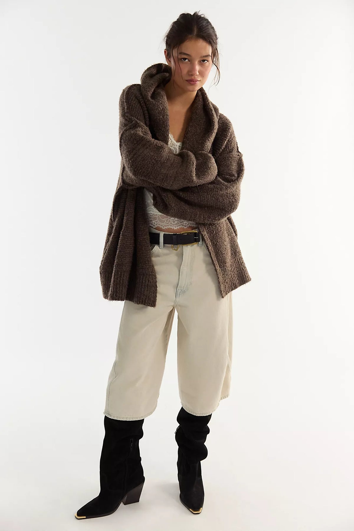 Free People Thistle Hooded Cardigan in Fudge Combo