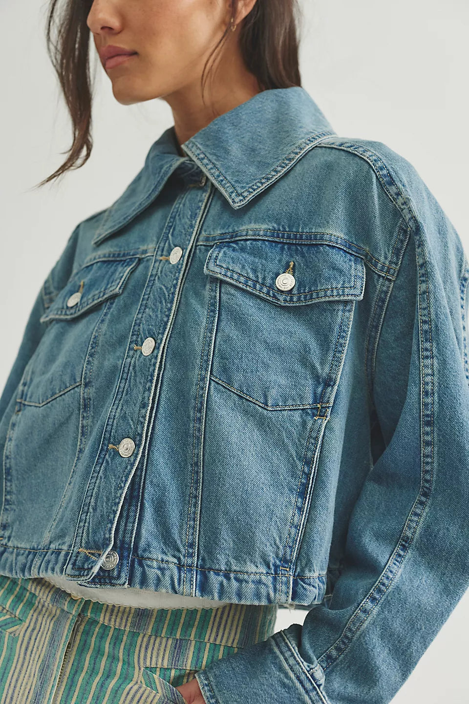 Free People Side To Side Cropped Denim Jacket in River Wash