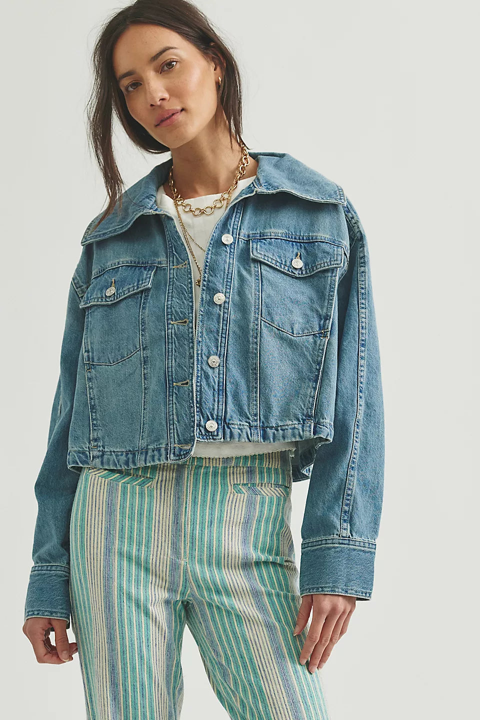 Free People Side To Side Cropped Denim Jacket in River Wash