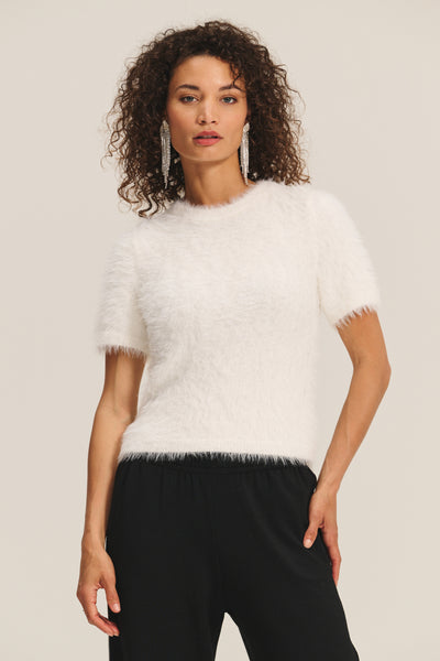 Velvet Kit Feather Yarn Short Sleeve Sweater in Milk