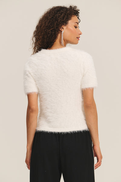 Velvet Kit Feather Yarn Short Sleeve Sweater in Milk