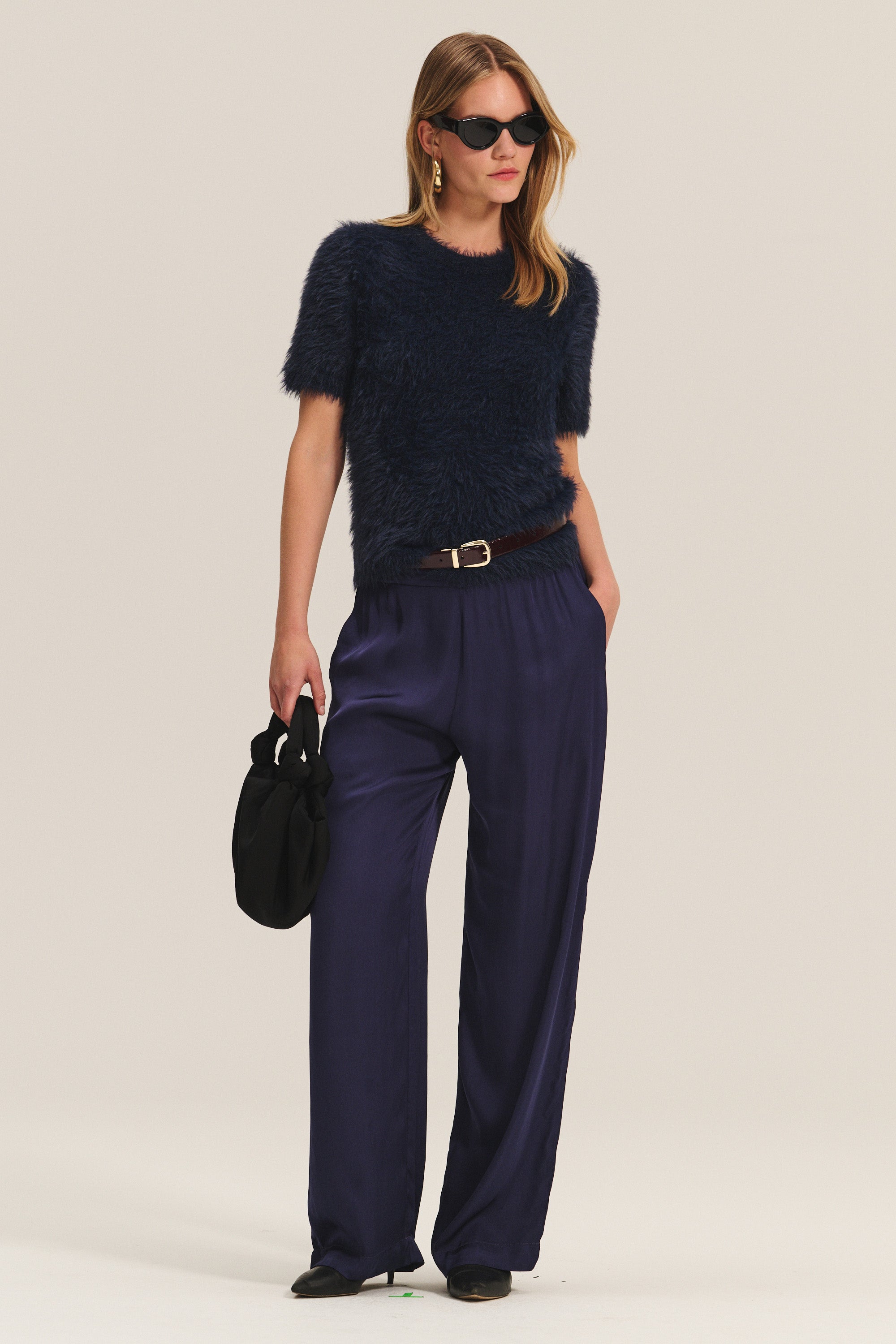 Velvet Kit Feather Yarn Short Sleeve Sweater in Navy