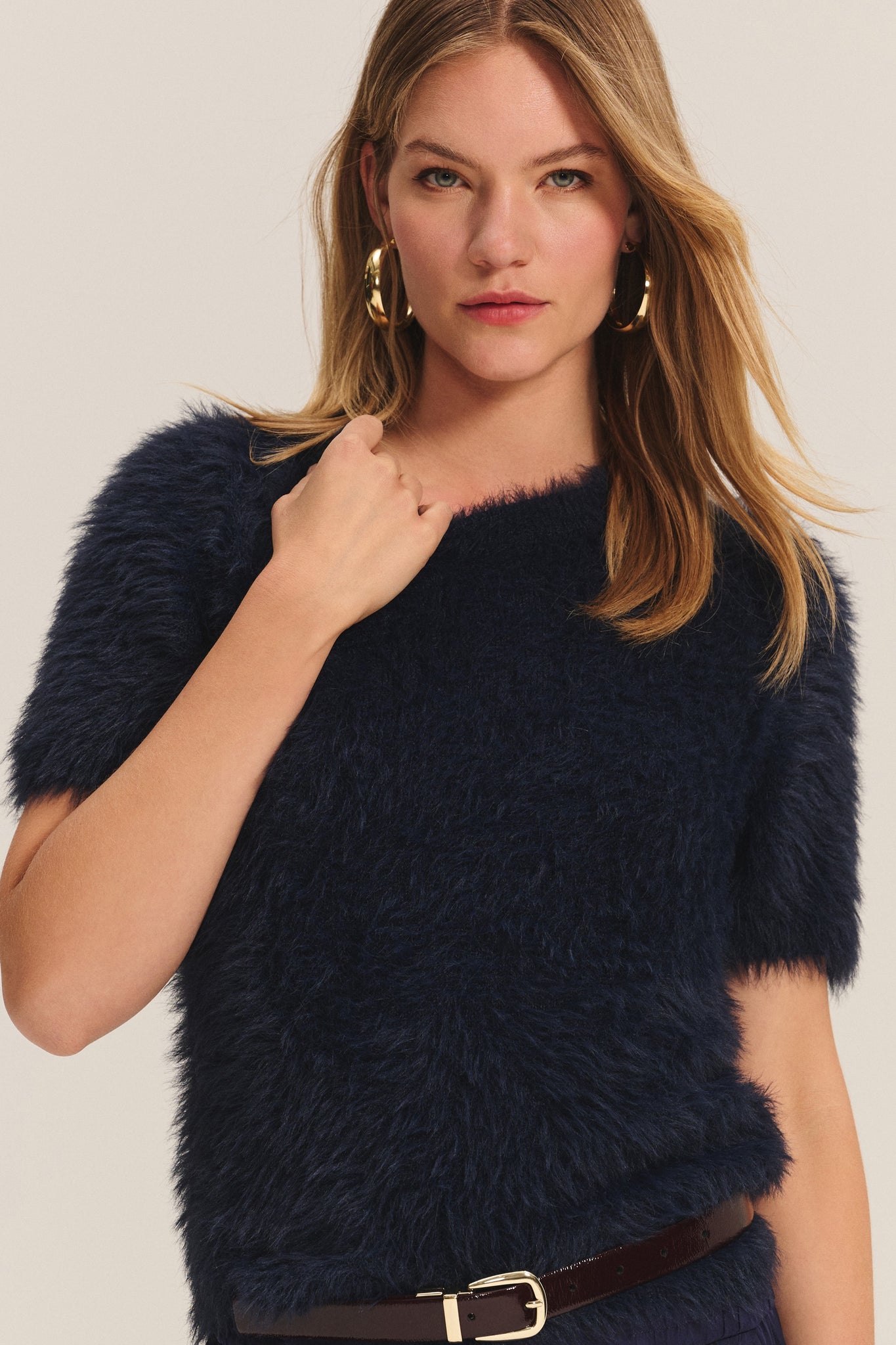 Velvet Kit Feather Yarn Short Sleeve Sweater in Navy