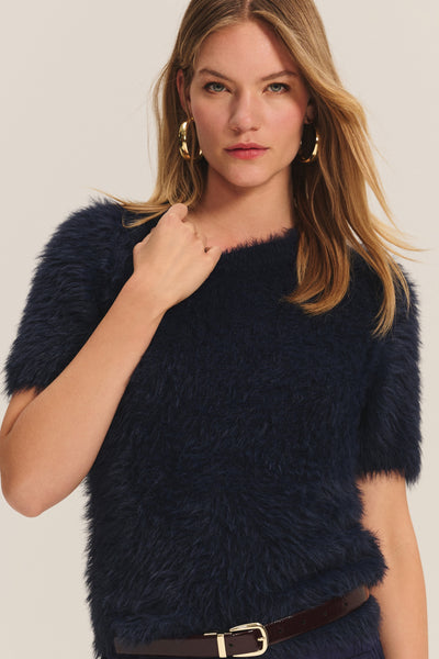 Velvet Kit Feather Yarn Short Sleeve Sweater in Navy