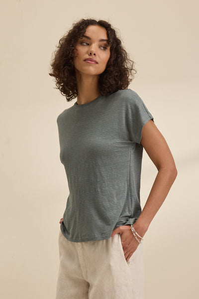 Velvet Jasmine Linen Knit Short Sleeve Tee in Graphite