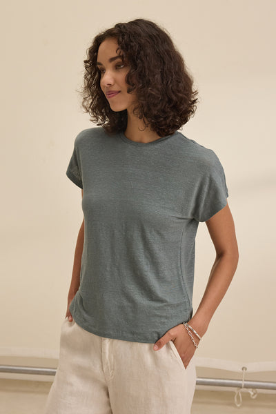 Velvet Jasmine Linen Knit Short Sleeve Tee in Graphite