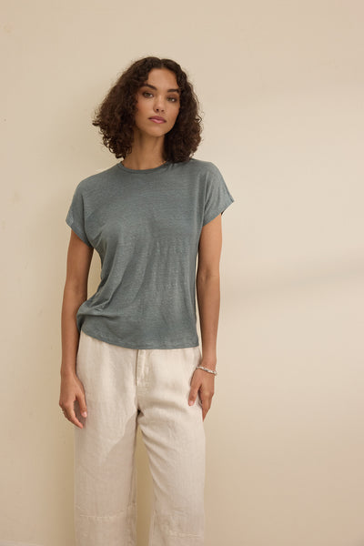 Velvet Jasmine Linen Knit Short Sleeve Tee in Graphite