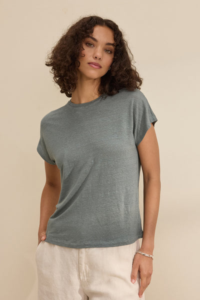 Velvet Jasmine Linen Knit Short Sleeve Tee in Graphite