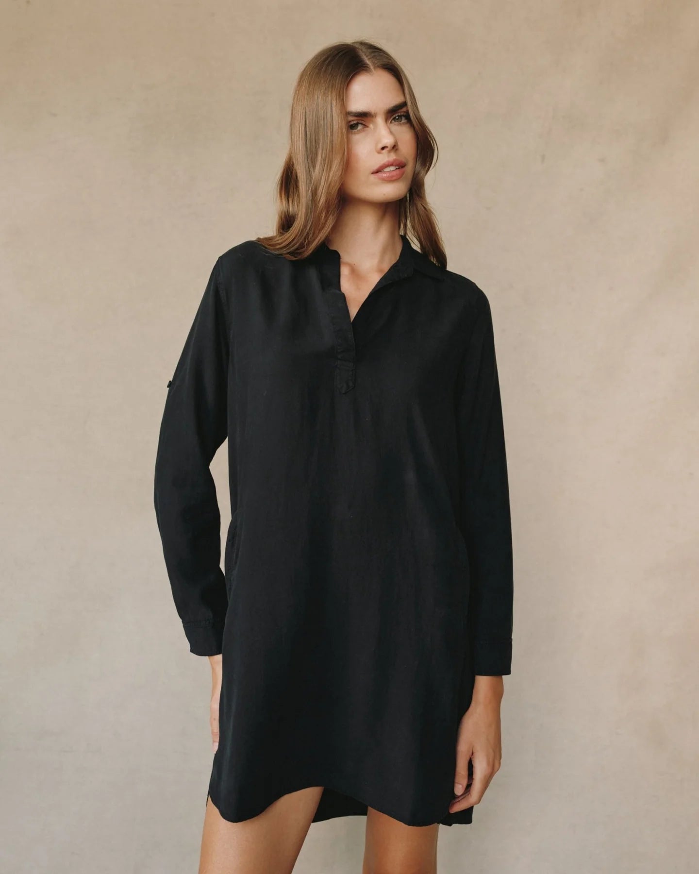bella dahl long sleeve a-line shirt dress vintage black