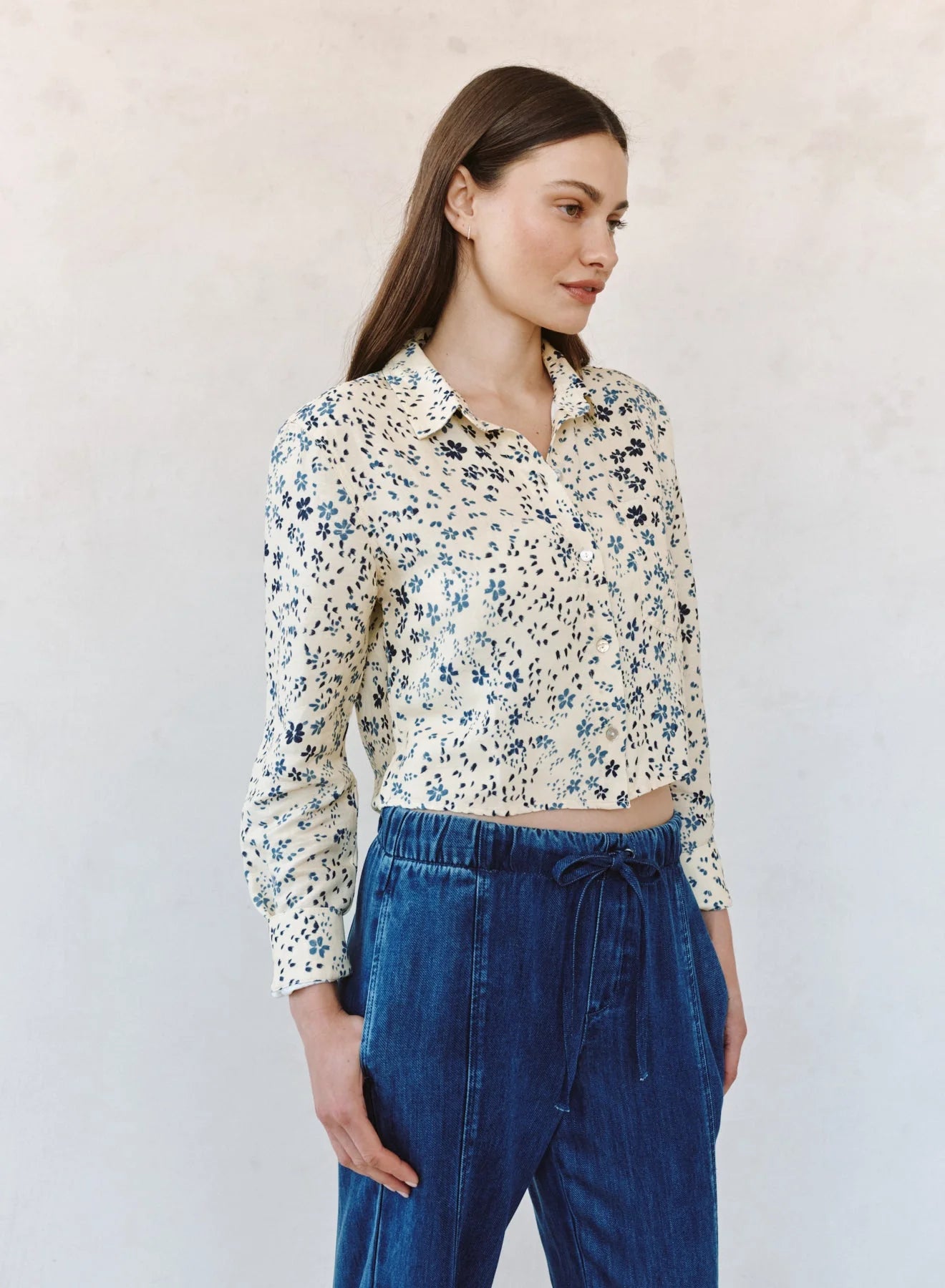 Bella Dahl Long Sleeve Crop Shirt in Golden Meadow Print