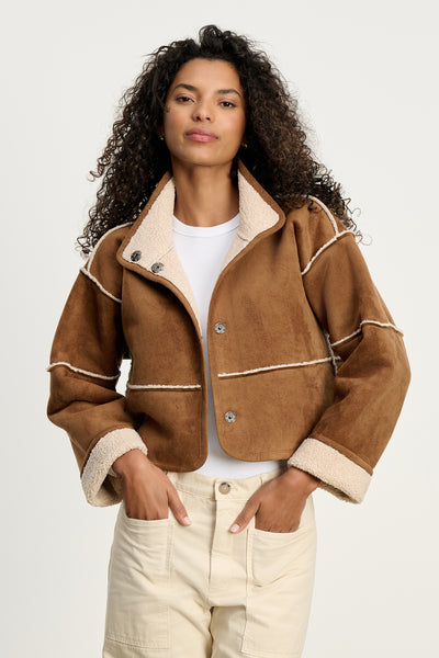 Velvet Kelly Lux Sherpa Reversible Jacket in Tobacco