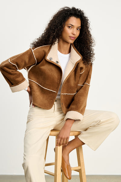 Velvet Kelly Lux Sherpa Reversible Jacket in Tobacco