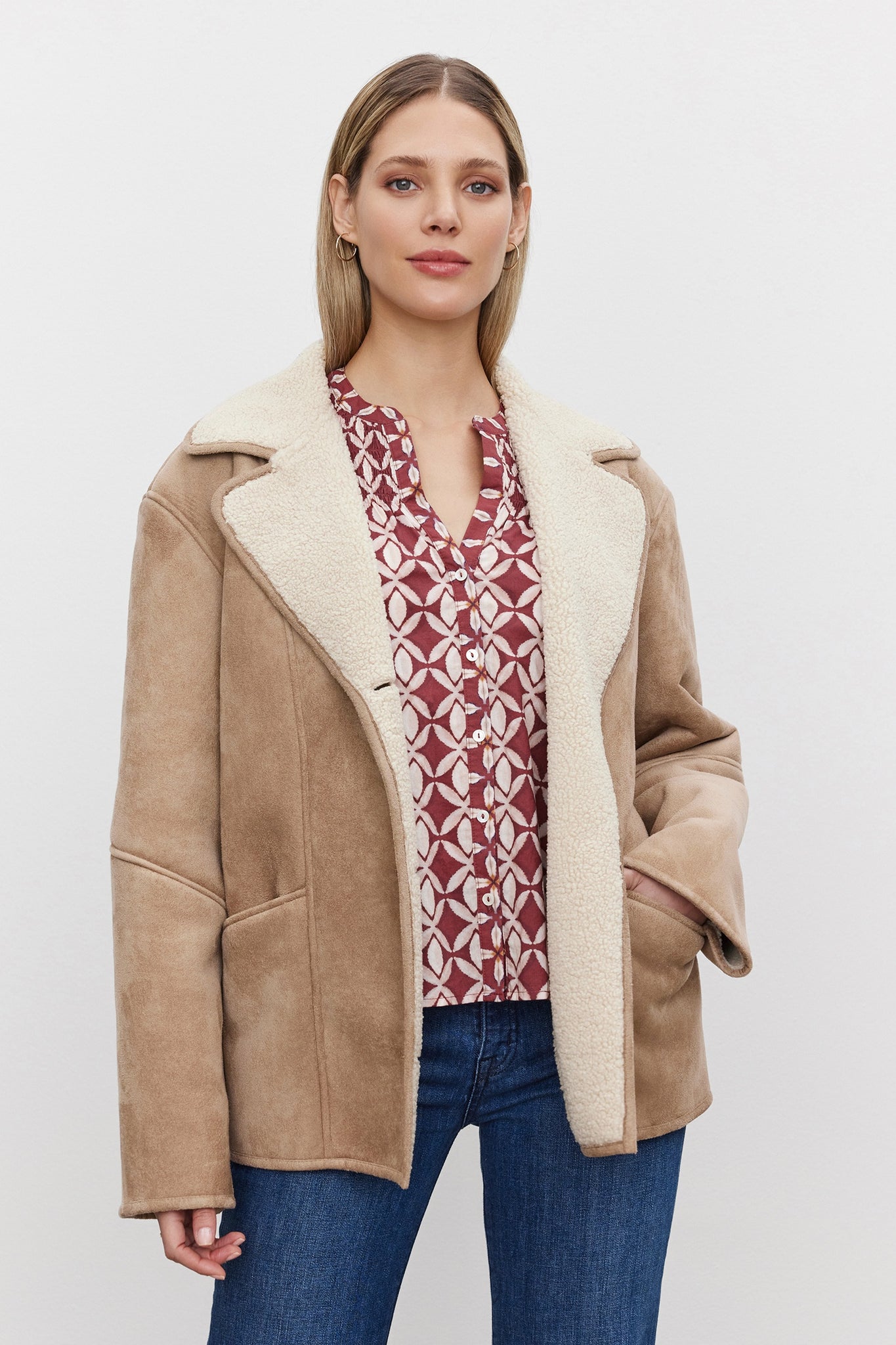 Velvet Molly Lux Sherpa Collared Jacket in Sand