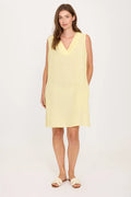 Pistache Pleated V-Neck Linen Dress in Airy Yellow